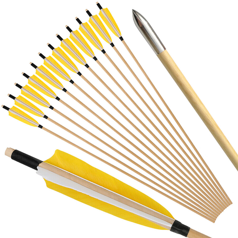 12pcs 32" Wooden Arrows 5" Feather Traditional Bow Longbow Archery Hunting Target